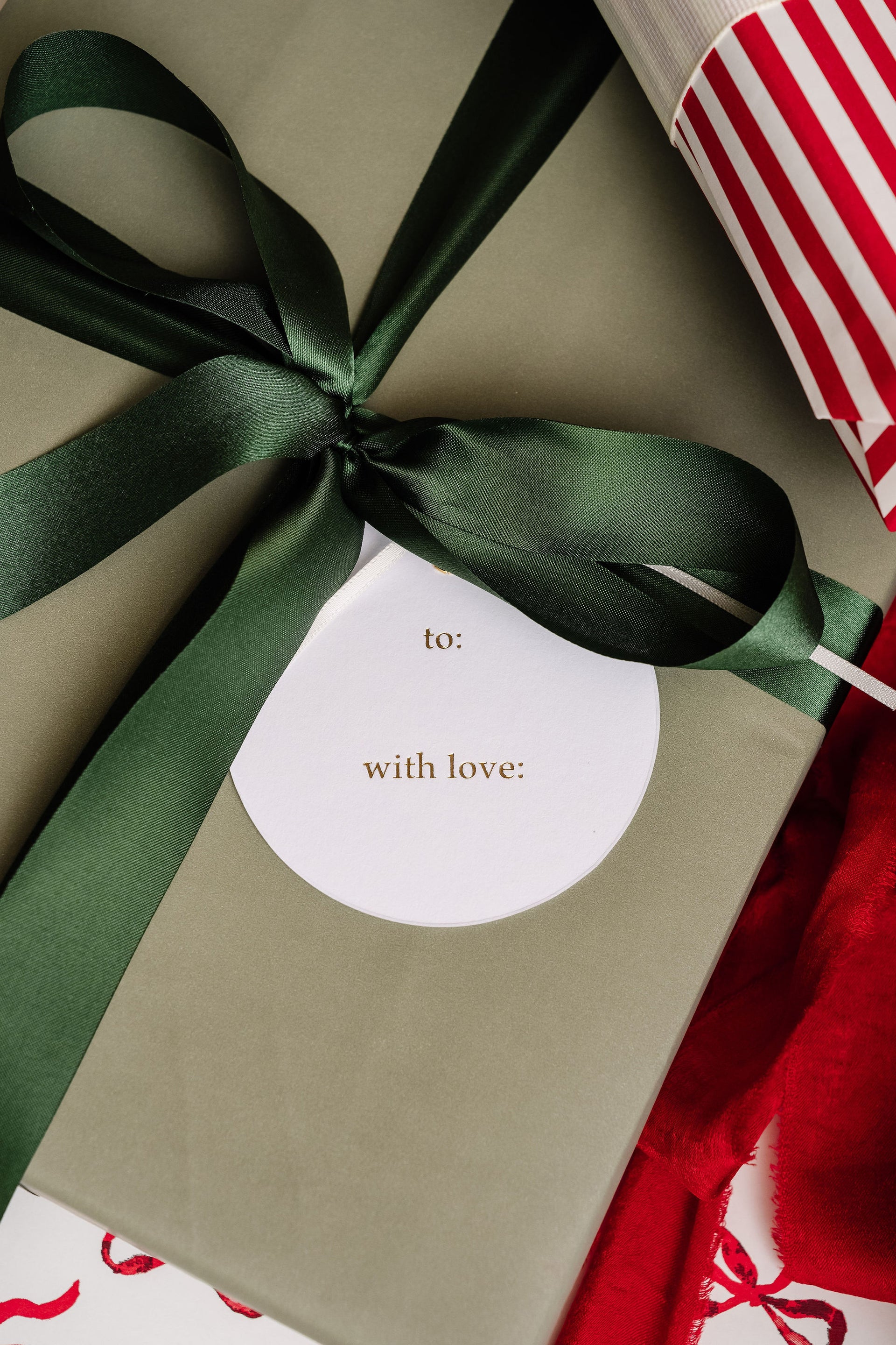 Merry Market Letterpress Gift Tags - gold foiled round tags with satin ribbon